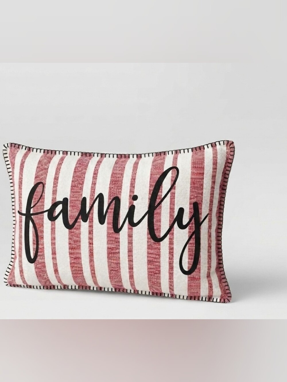 Thro "Family" Red Striped Duck Feather Fill Lumbar Throw Pillow 16x26